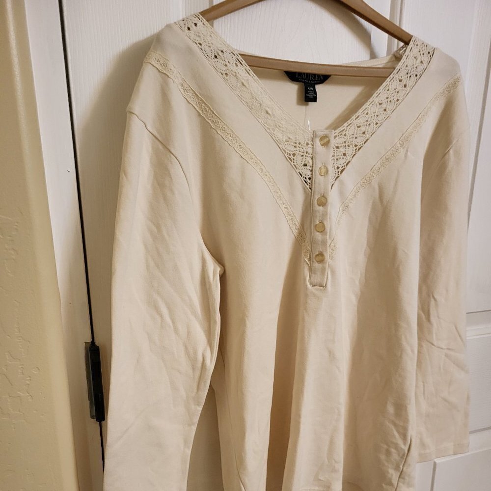 RALPH LAUREN Beige Lace Henley Embroidered Long Sleeve V Neck Top Size Large NWT - Picture 9 of 14